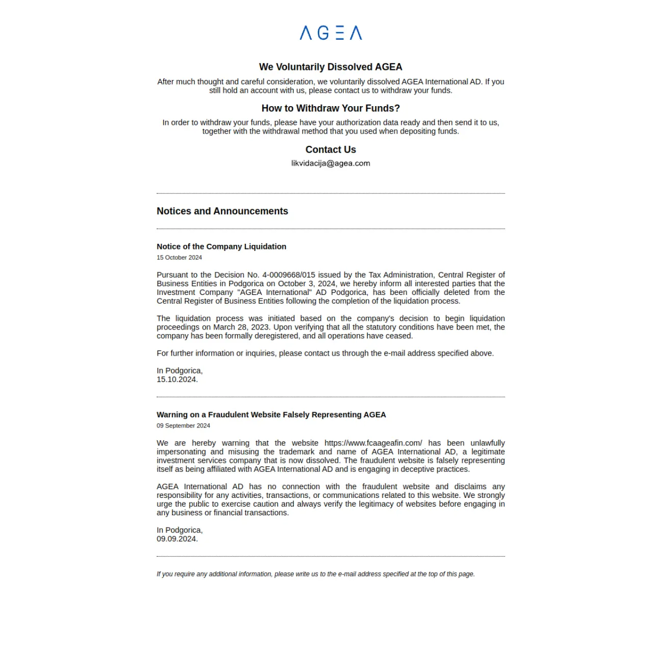 AGEA website screenshot