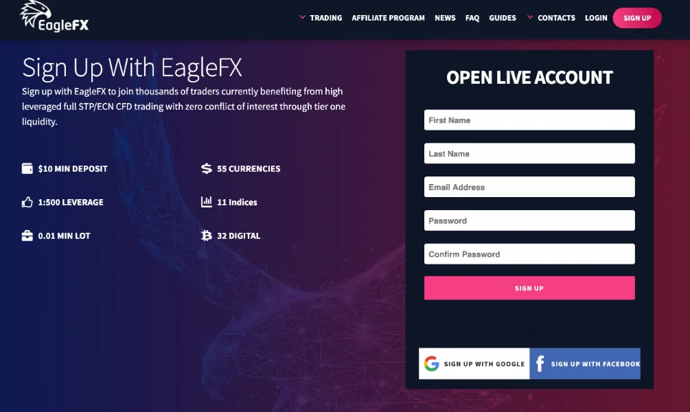 EagleFX broker website screenshot (May 25, 2026)