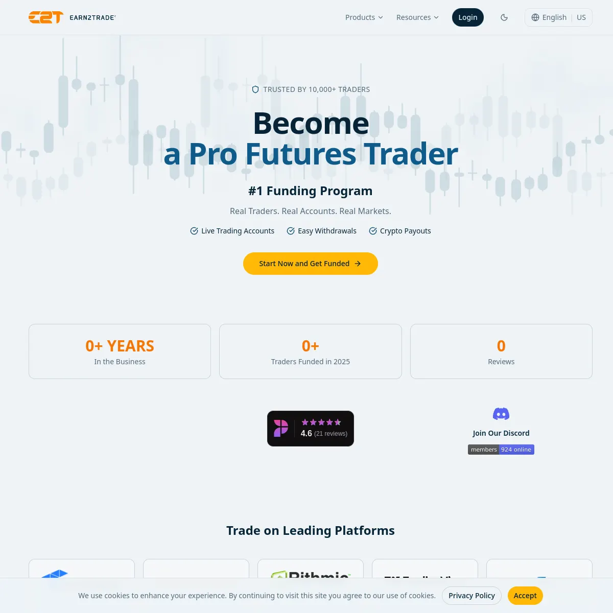 Earn2Trade لقطة شاشة لموقع شركة التداول الخاصة (26 مايو 2026)