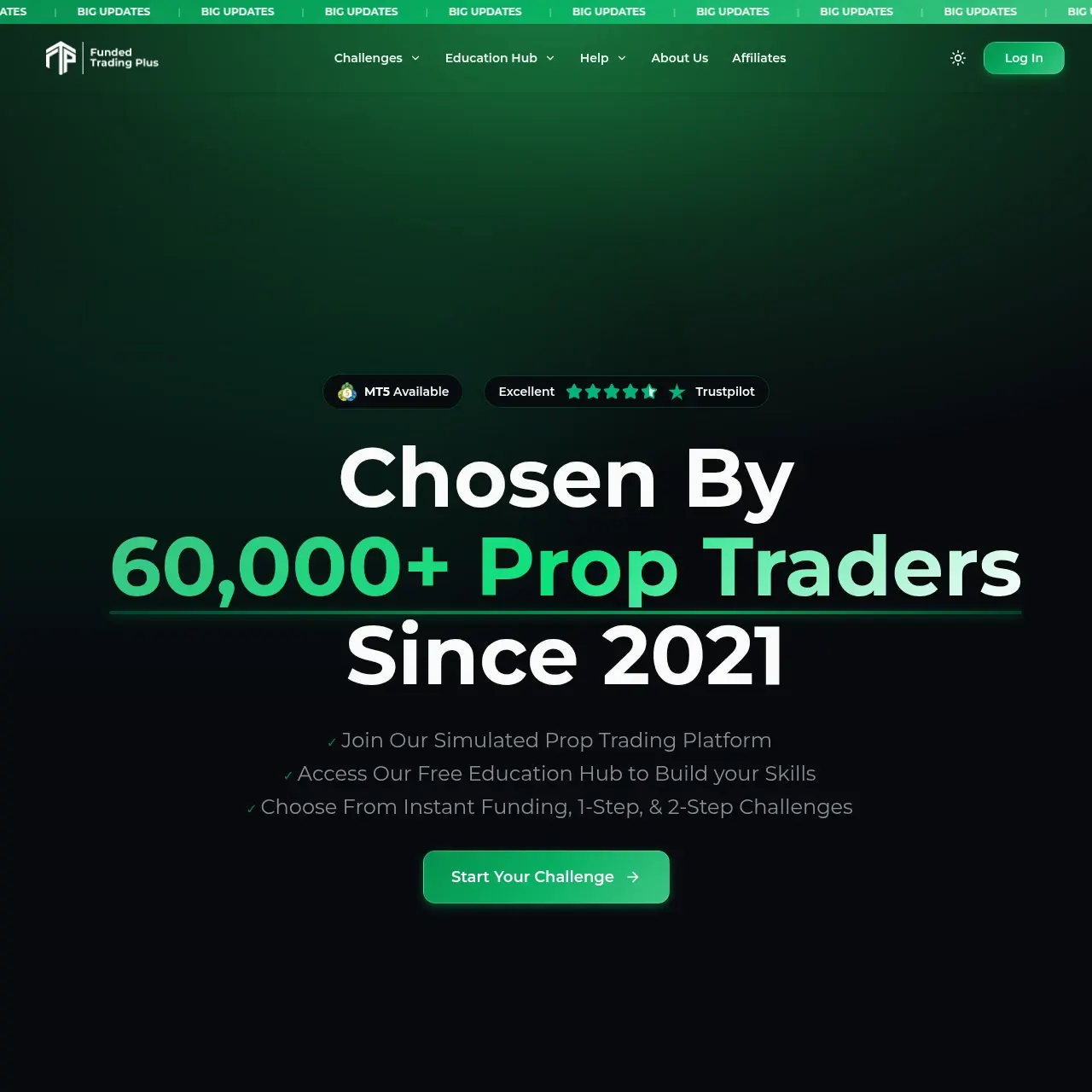 Funded Trading Plus broker website screenshot — May 23, 2026