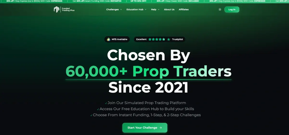 Funded Trading Plus captura de pantalla del sitio de la empresa prop (26 de mayo de 2026)