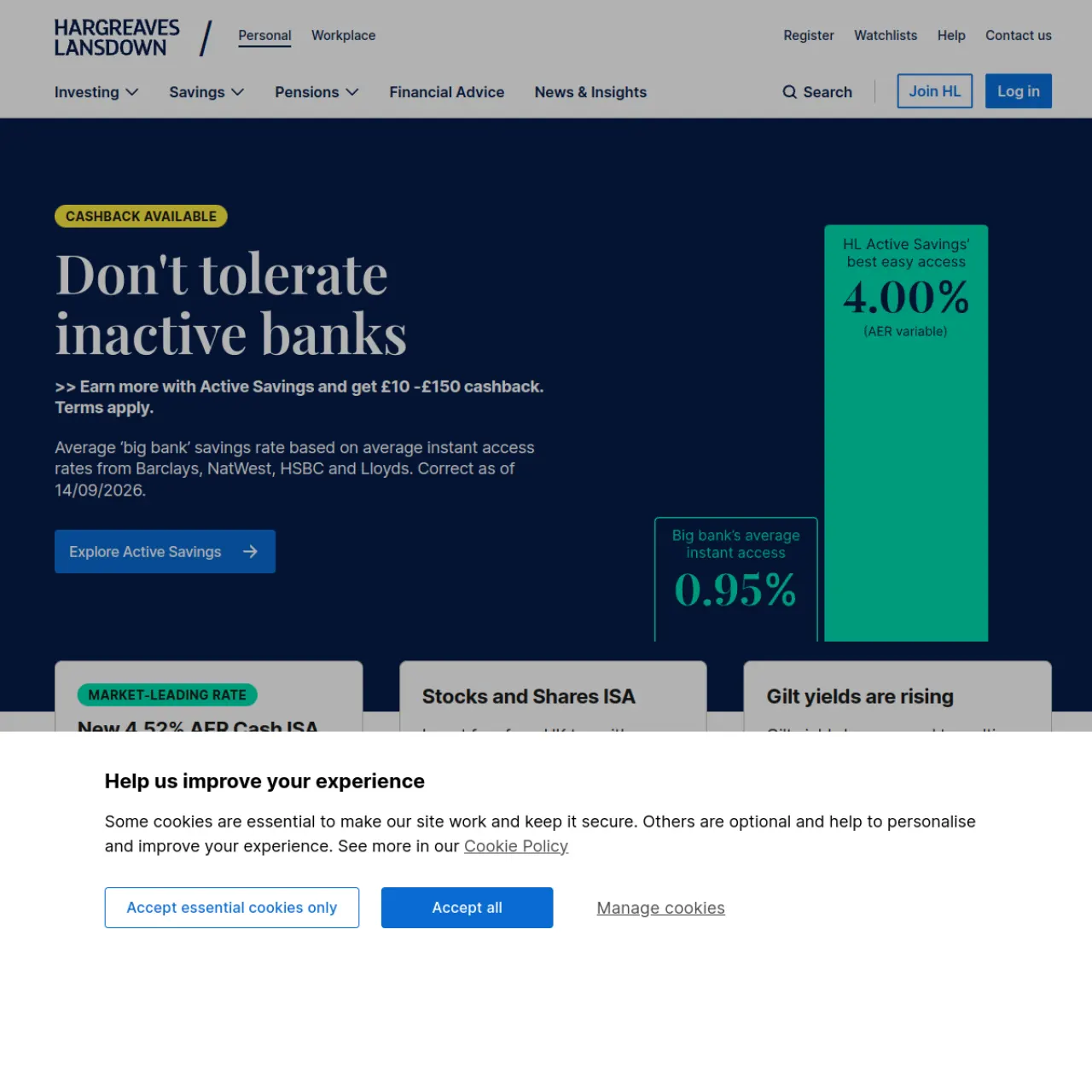 Hargreaves Lansdown website screenshot