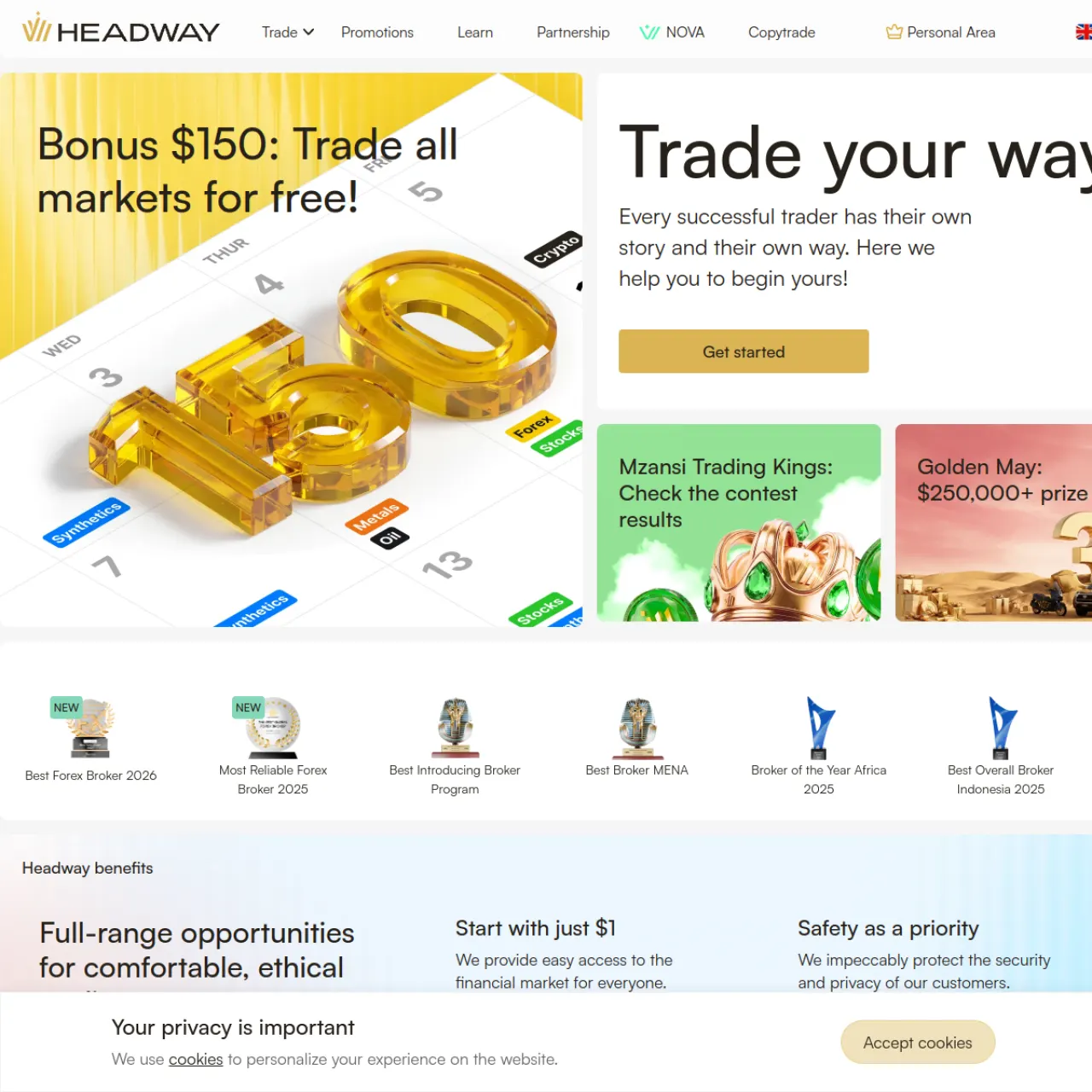 Headway broker website screenshot (May 22, 2026)