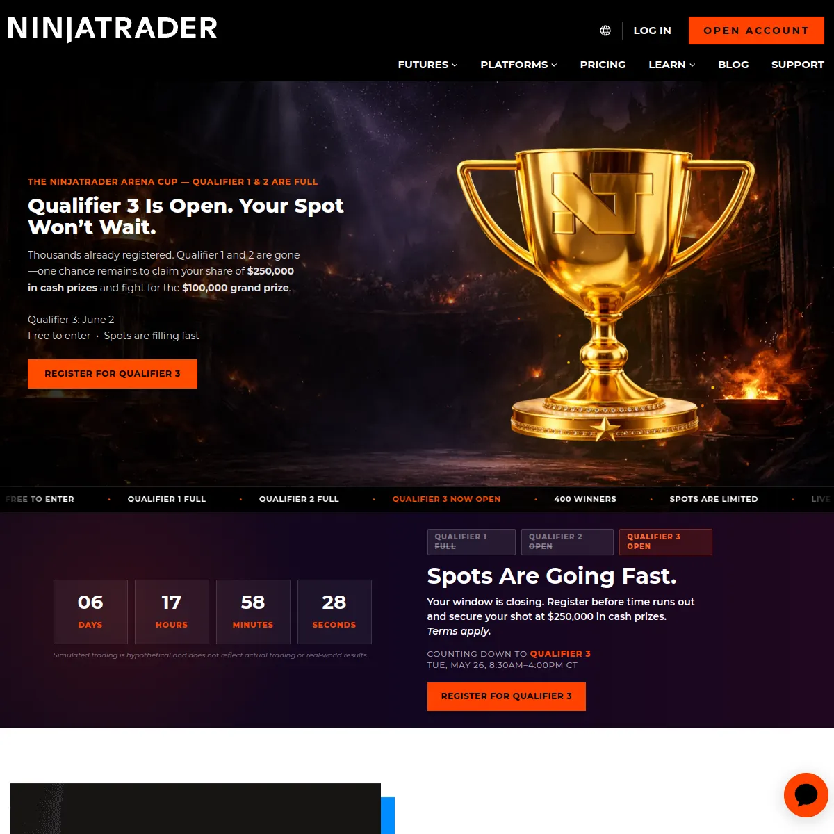 NinjaTrader broker website screenshot (May 19, 2026)