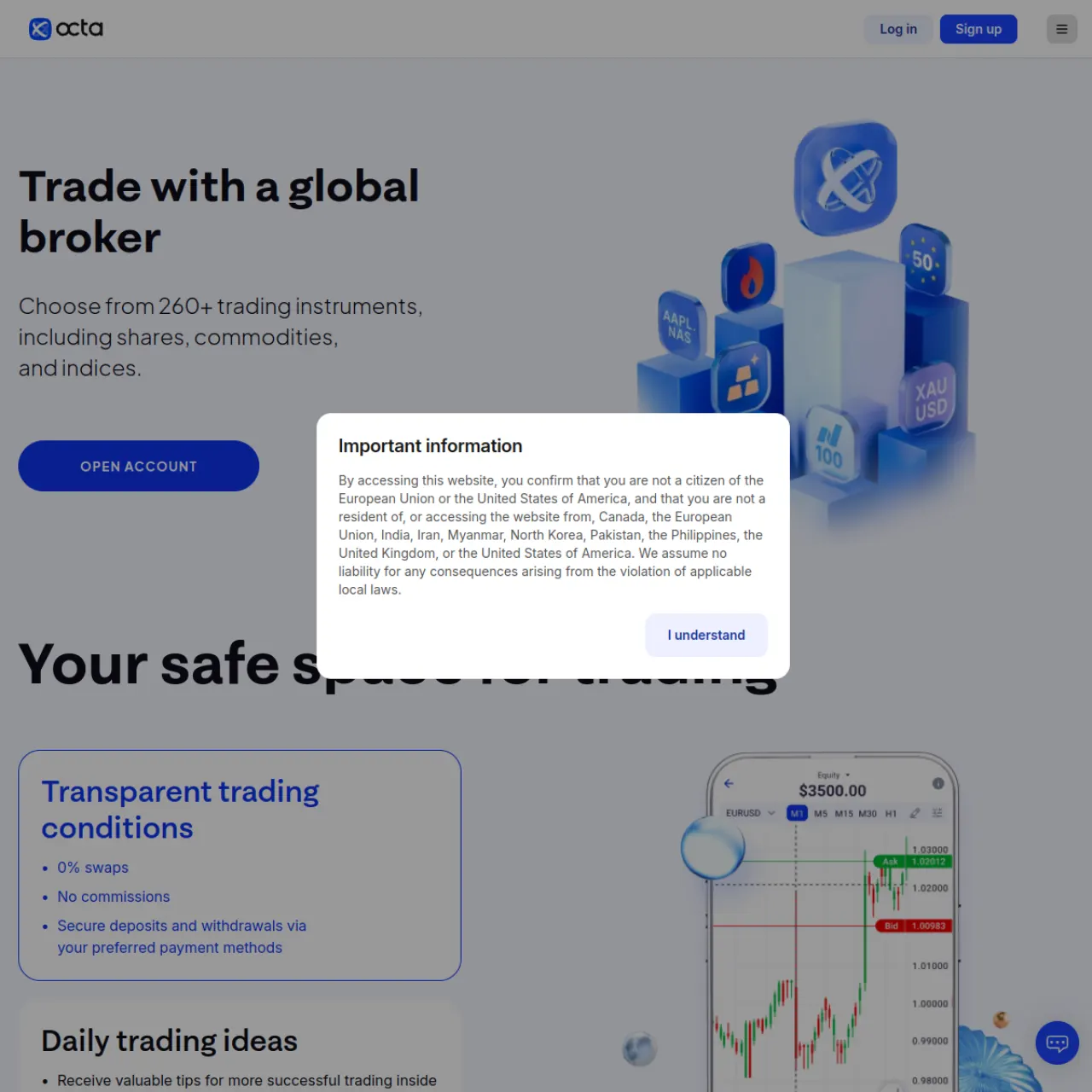 Octa broker website screenshot (May 26, 2026)