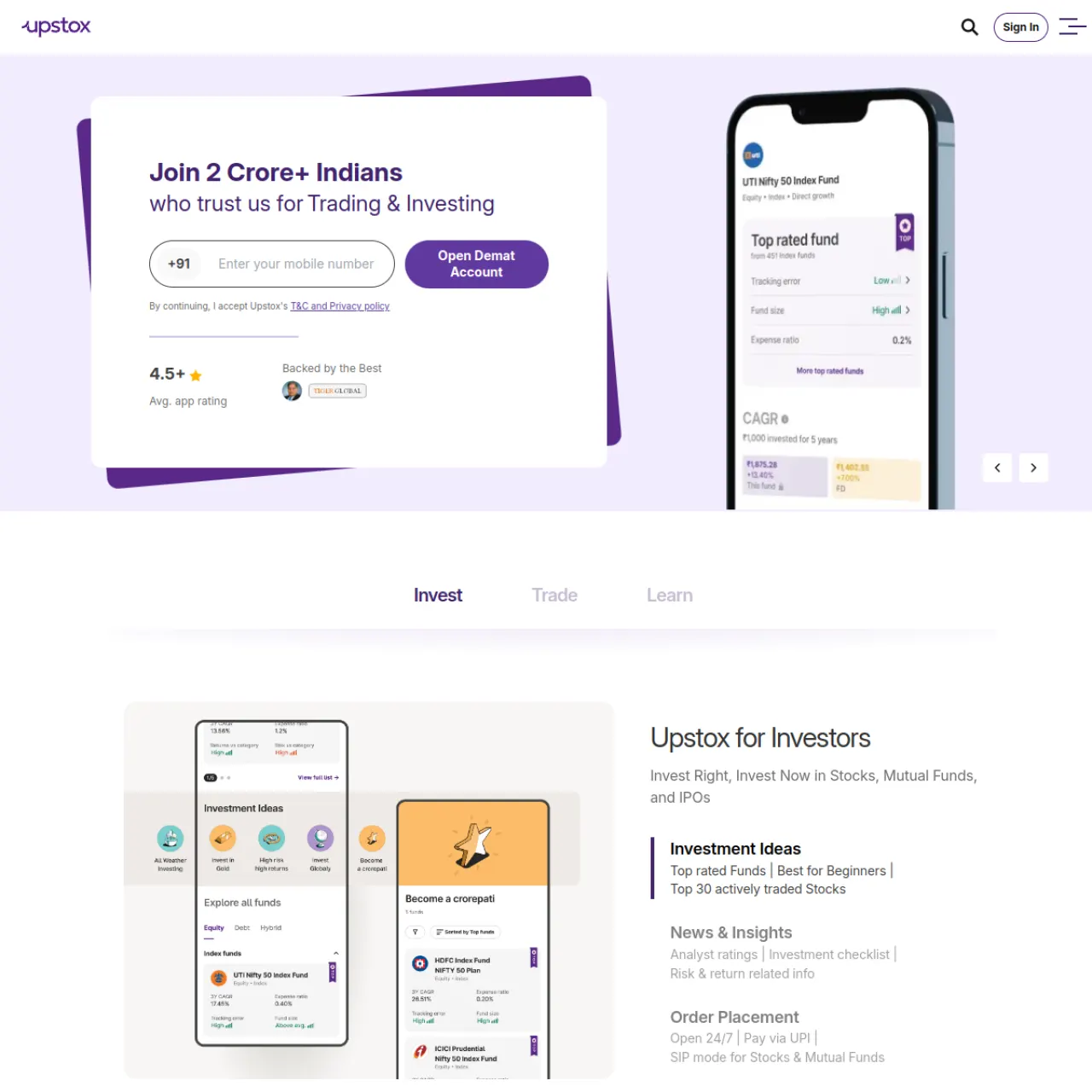Upstox website screenshot