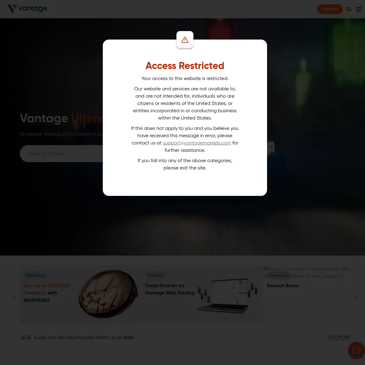 Vantage Markets website screenshot