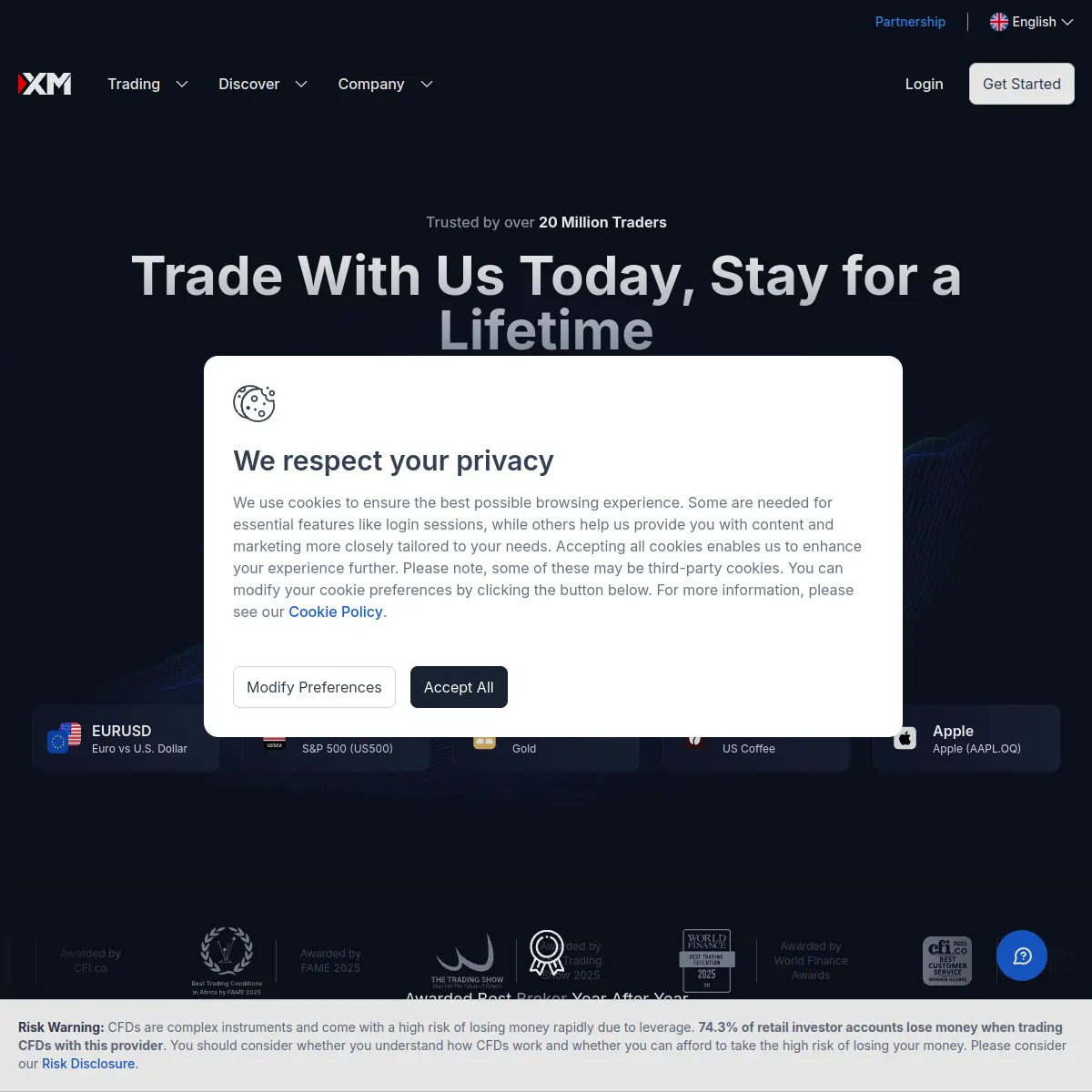 XM broker website screenshot (May 26, 2026)
